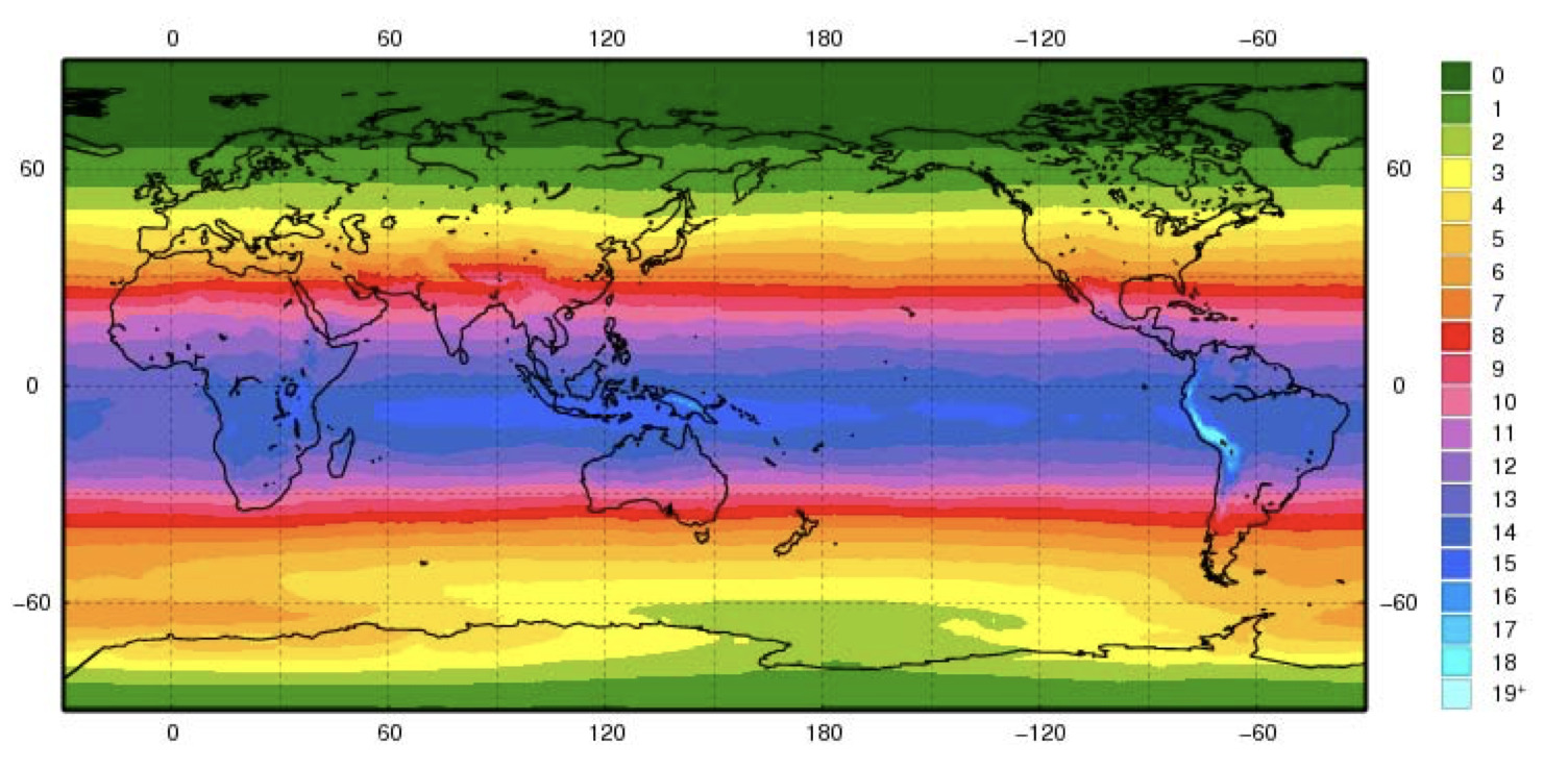 世界の月平均晴天時 UV インデックスの分布